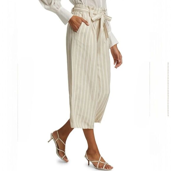 L'AGENCE Samira Striped Linen Cropped Pants Wide‎ Leg Belted Size 10 - Picture 2 of 13